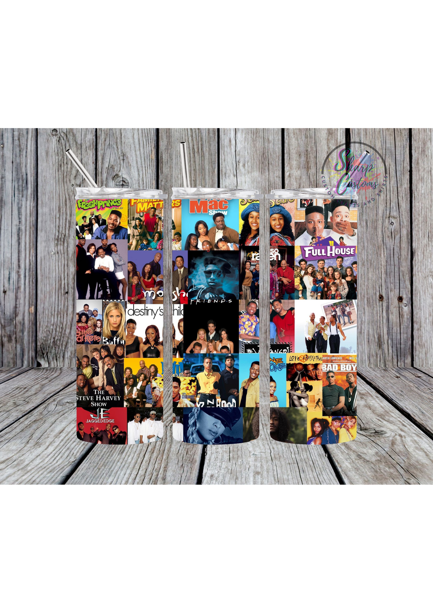 Colorful 90's Tumblers showcase iconic moments from the decade, perfect for keeping drinks at the right temperature.