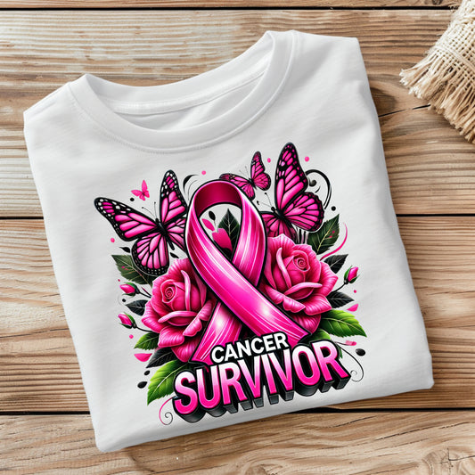 Cancer Survivor T-Shirt – Pink Ribbon, Roses & Butterflies